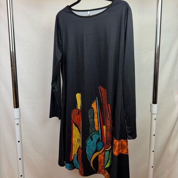 Dresses & Skirts - Black Abstract Print Long Sleeve Swing Dress Pockets Oversized‎ Size XL